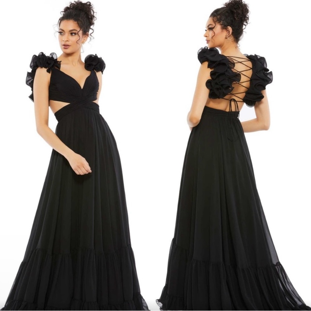 Mac Duggal Black Ruffle Tiered Cut-out Chiffon‎ Gown Size 2